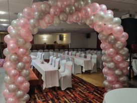 swirl arch pink silver balloons